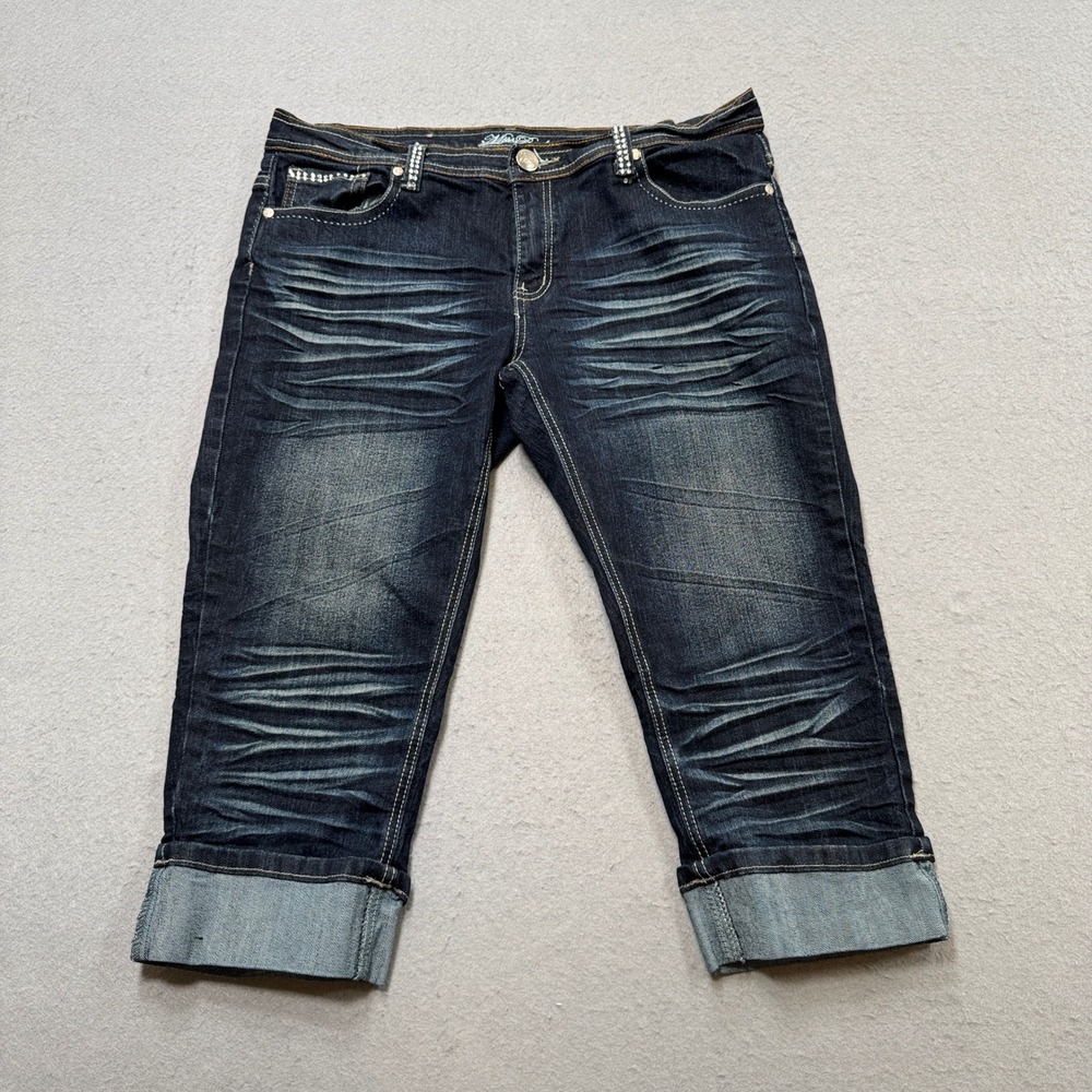 Y2K Miss Rudy Capri Jeans Women's 21/22 Blue Rhinestone Embellished Whiskered